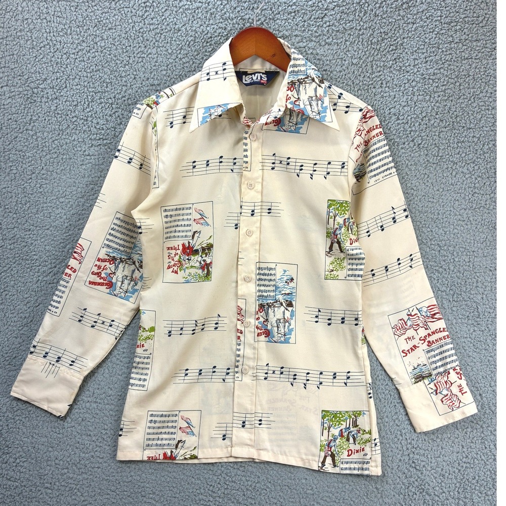 Levi's Vintage 70s Americana Sheet Music Button Up Shirt Mens S Cream Patriotic